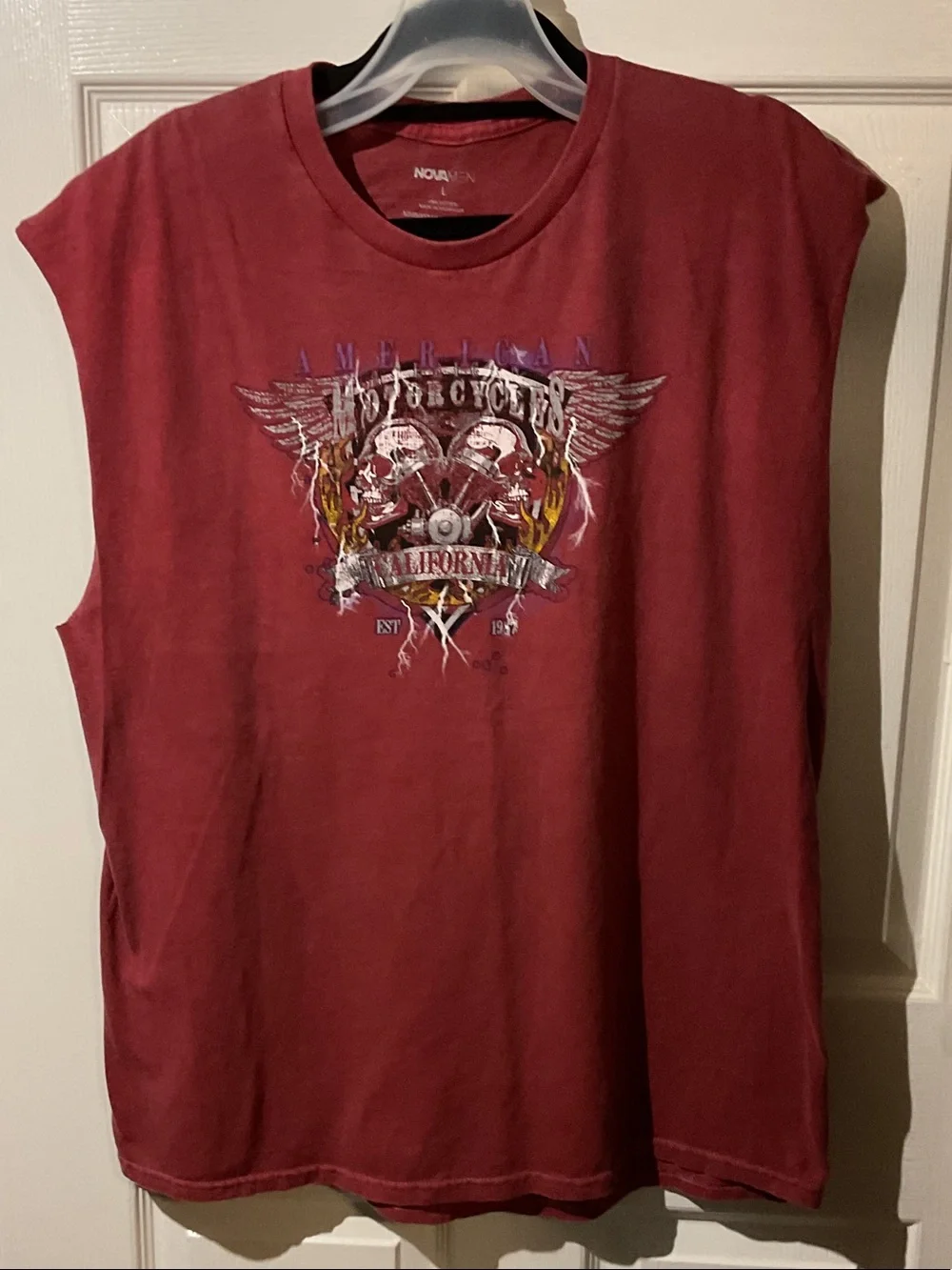 Red American Tour Motorcycles Sleeveless Graphic Muscle Tank with Backhit